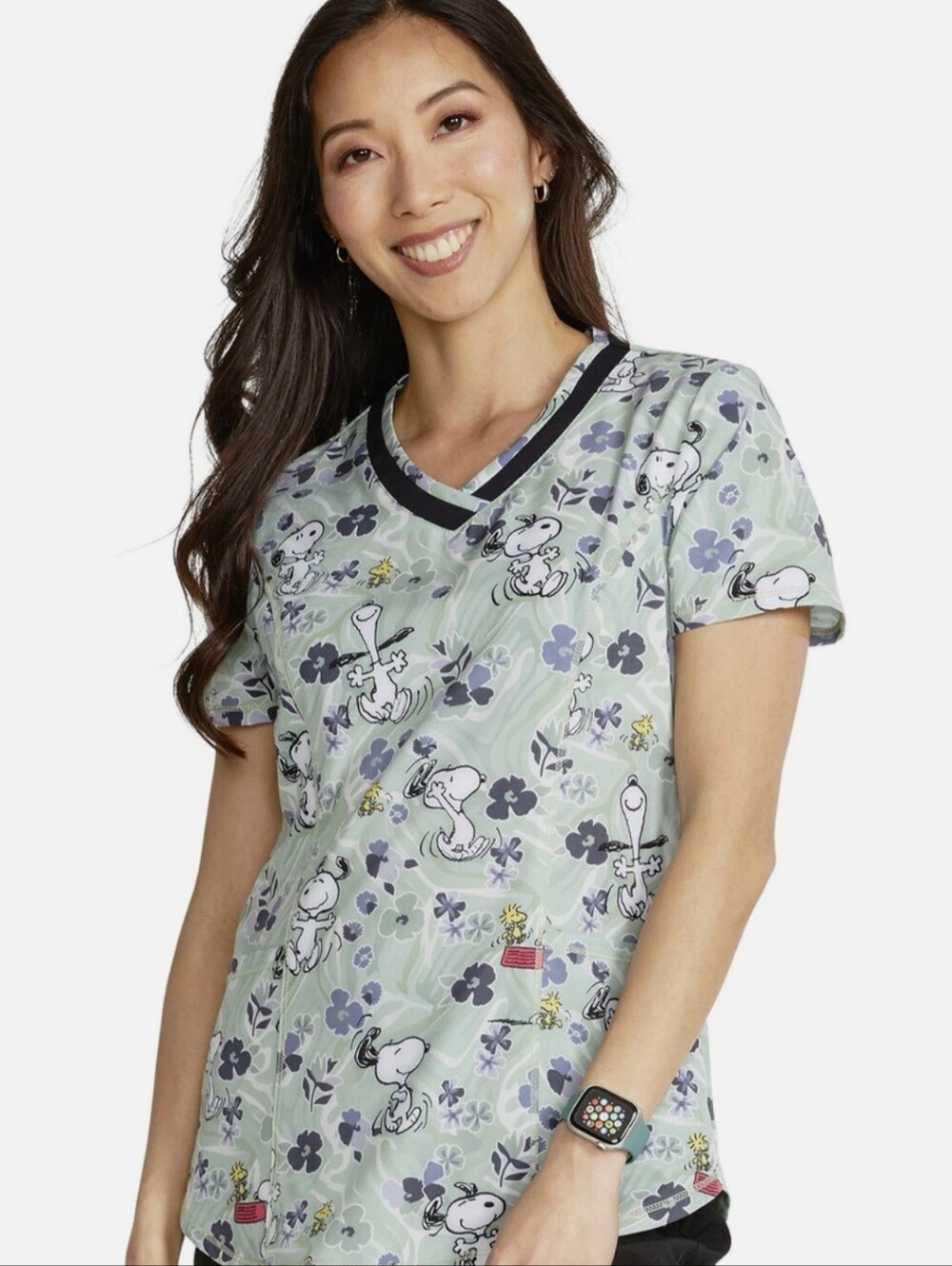 Snoopy Print V-Neck Scrub Top in Sage Green Size XL Womens - Picture 4 of 8